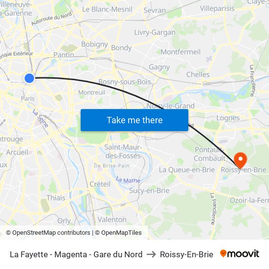 La Fayette - Magenta - Gare du Nord to Roissy-En-Brie map