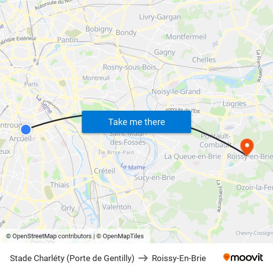 Stade Charléty (Porte de Gentilly) to Roissy-En-Brie map