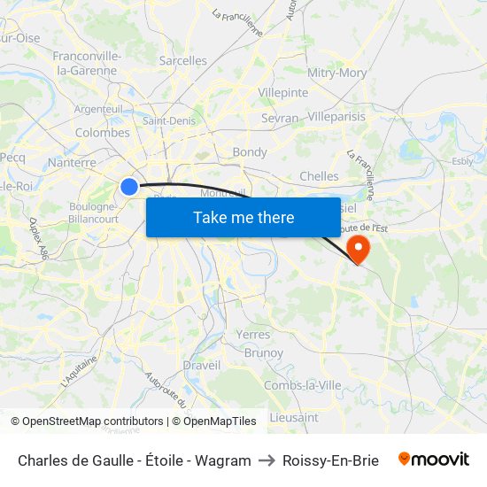 Charles de Gaulle - Étoile - Wagram to Roissy-En-Brie map