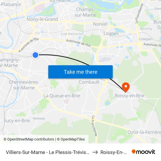 Villiers-Sur-Marne - Le Plessis-Trévise RER to Roissy-En-Brie map
