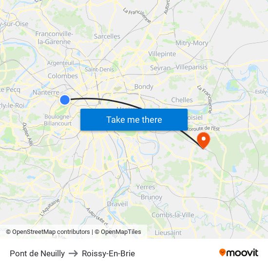 Pont de Neuilly to Roissy-En-Brie map