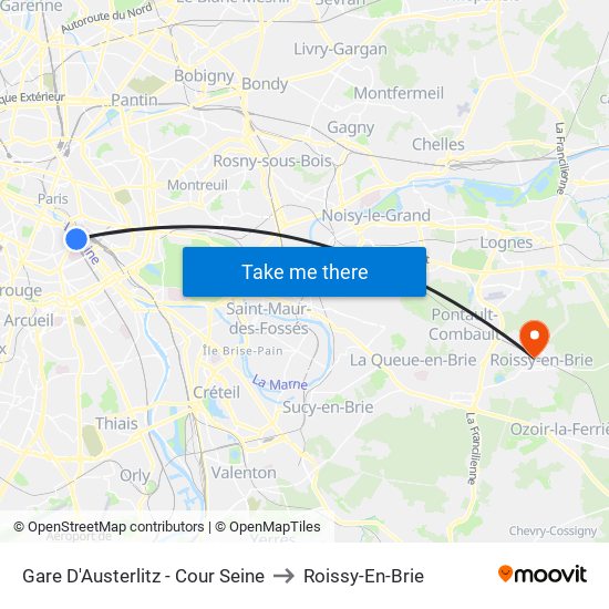 Gare D'Austerlitz - Cour Seine to Roissy-En-Brie map