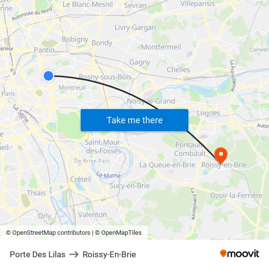 Porte Des Lilas to Roissy-En-Brie map