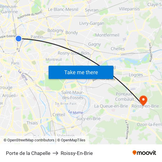 Porte de la Chapelle to Roissy-En-Brie map