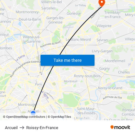 Arcueil to Roissy-En-France map