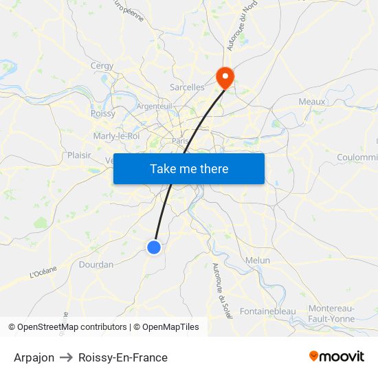 Arpajon to Roissy-En-France map