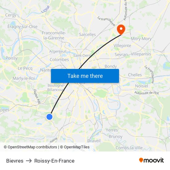 Bievres to Roissy-En-France map