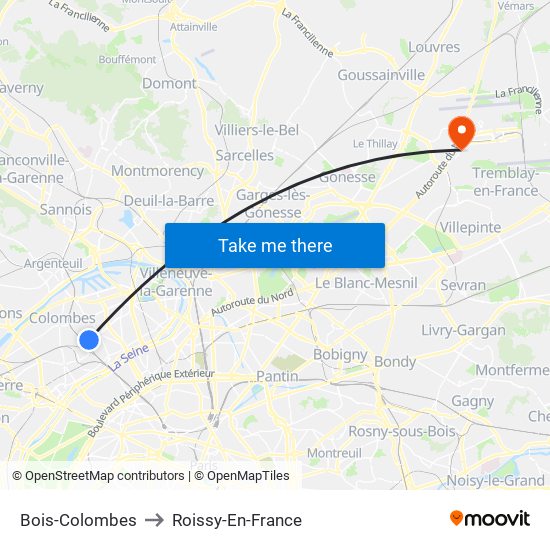 Bois-Colombes to Roissy-En-France map