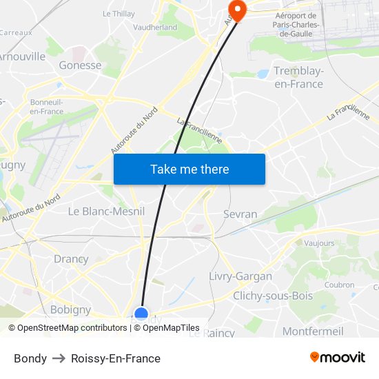 Bondy to Roissy-En-France map