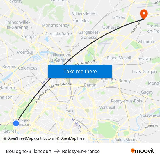 Boulogne-Billancourt to Roissy-En-France map