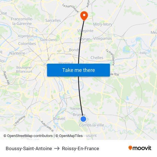 Boussy-Saint-Antoine to Roissy-En-France map