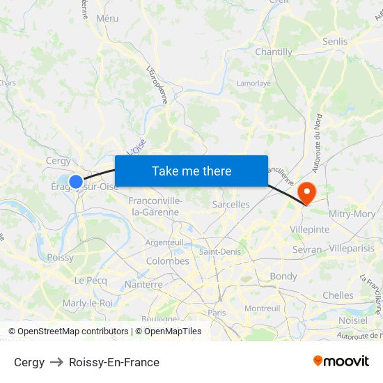 Cergy to Roissy-En-France map