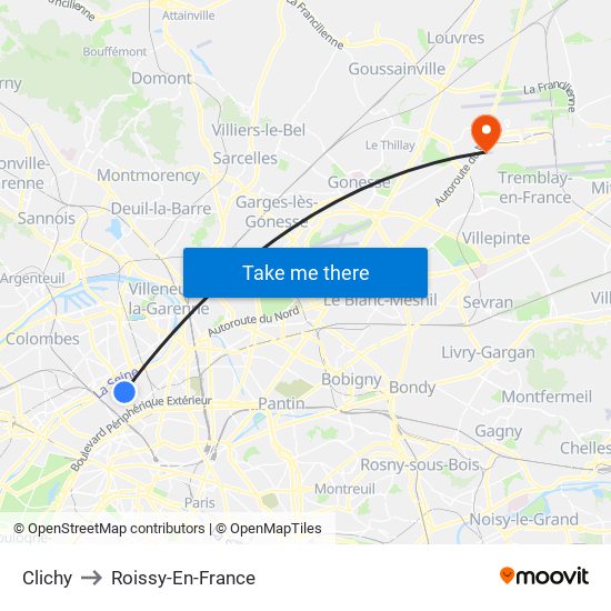 Clichy to Roissy-En-France map