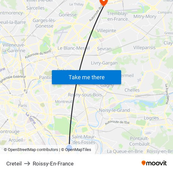 Creteil to Roissy-En-France map