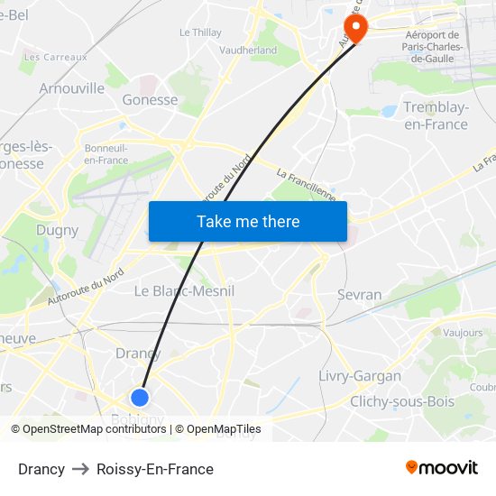 Drancy to Roissy-En-France map