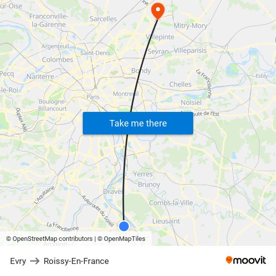 Evry to Roissy-En-France map