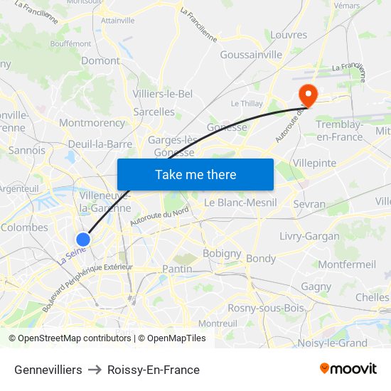 Gennevilliers to Roissy-En-France map