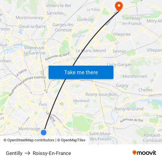 Gentilly to Roissy-En-France map