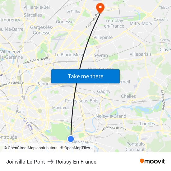 Joinville-Le-Pont to Roissy-En-France map