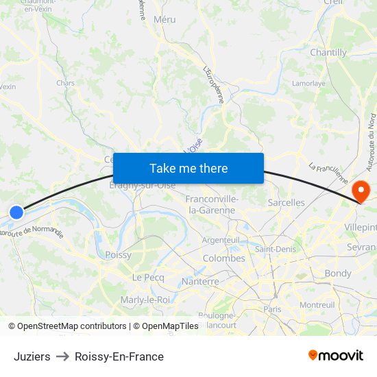 Juziers to Roissy-En-France map