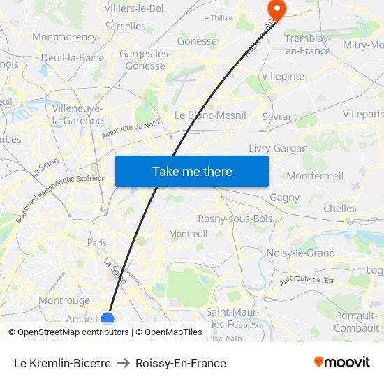 Le Kremlin-Bicetre to Roissy-En-France map