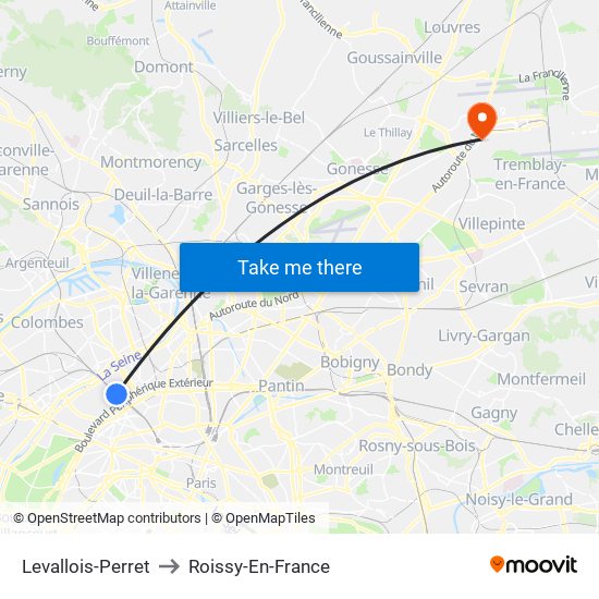 Levallois-Perret to Roissy-En-France map