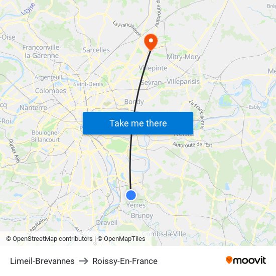 Limeil-Brevannes to Roissy-En-France map