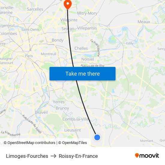 Limoges-Fourches to Roissy-En-France map