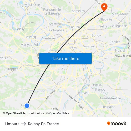 Limours to Roissy-En-France map