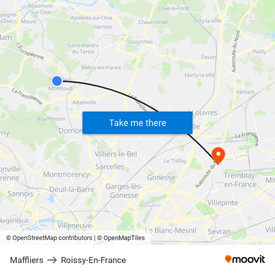 Maffliers to Roissy-En-France map