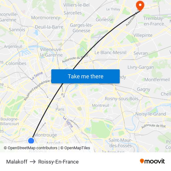 Malakoff to Roissy-En-France map