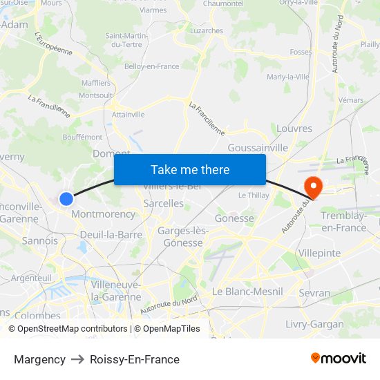 Margency to Roissy-En-France map