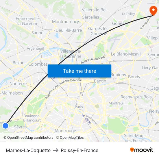 Marnes-La-Coquette to Roissy-En-France map