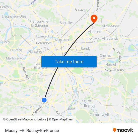 Massy to Roissy-En-France map
