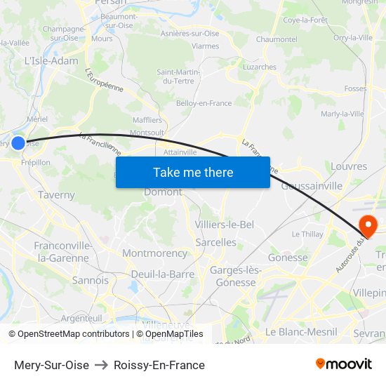 Mery-Sur-Oise to Roissy-En-France map