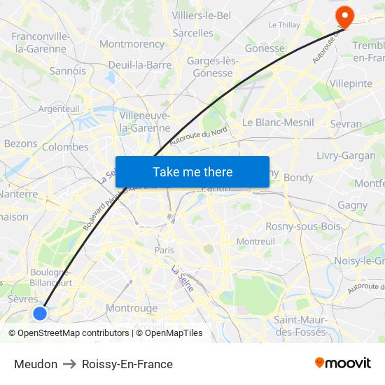 Meudon to Roissy-En-France map
