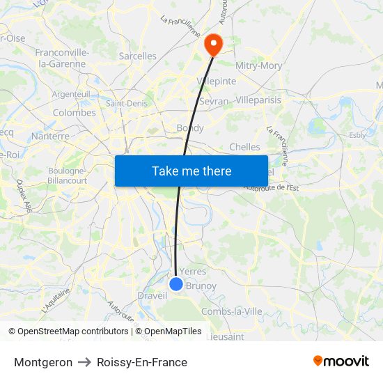 Montgeron to Roissy-En-France map