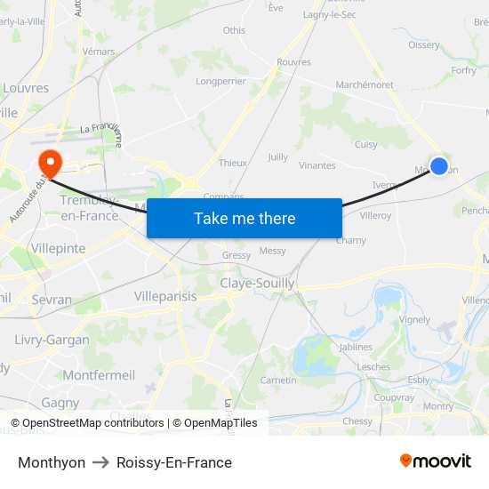 Monthyon to Roissy-En-France map