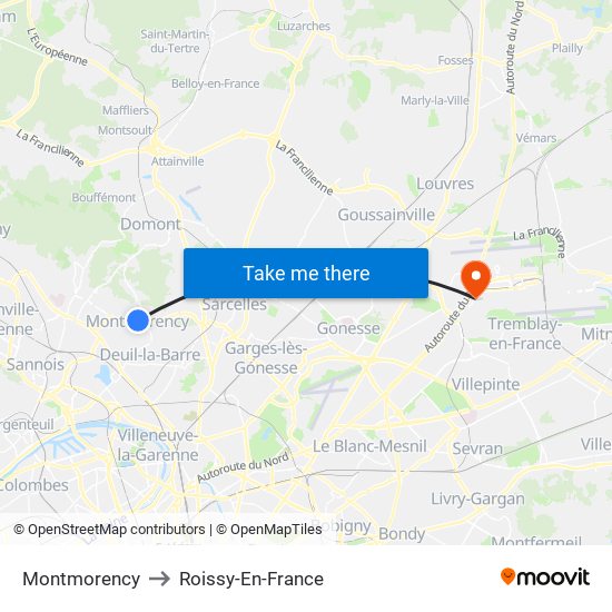 Montmorency to Roissy-En-France map