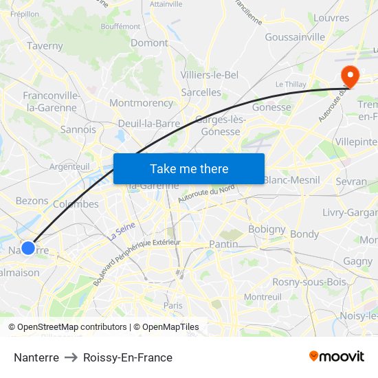 Nanterre to Roissy-En-France map
