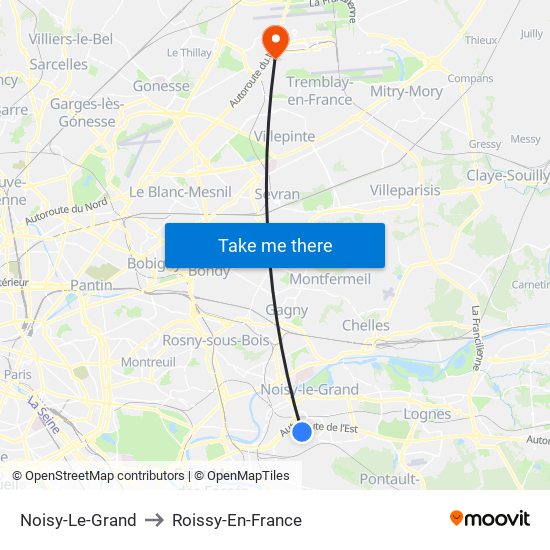 Noisy-Le-Grand to Roissy-En-France map