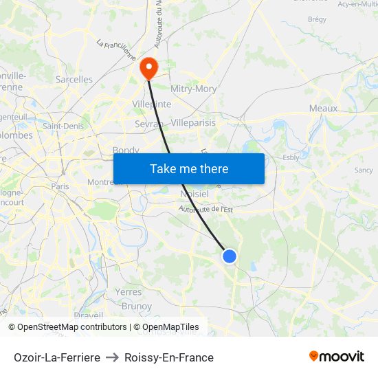 Ozoir-La-Ferriere to Roissy-En-France map