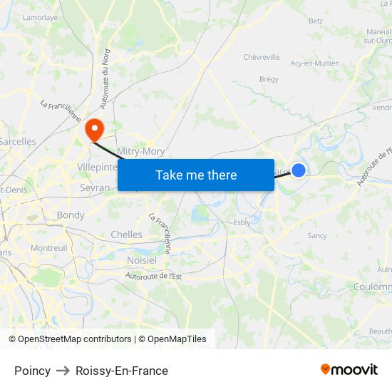 Poincy to Roissy-En-France map