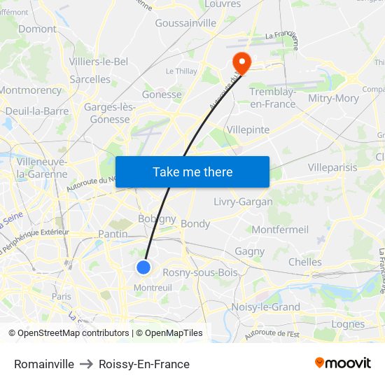 Romainville to Roissy-En-France map