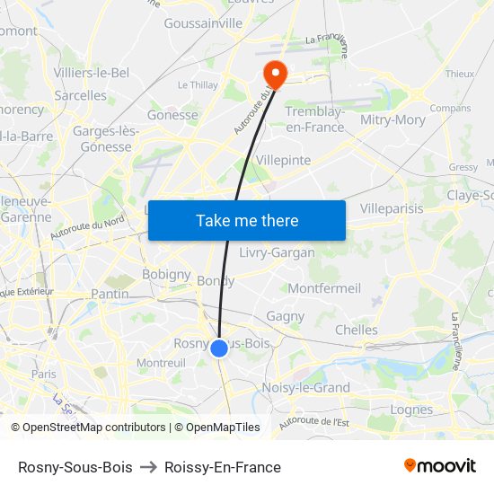 Rosny-Sous-Bois to Roissy-En-France map
