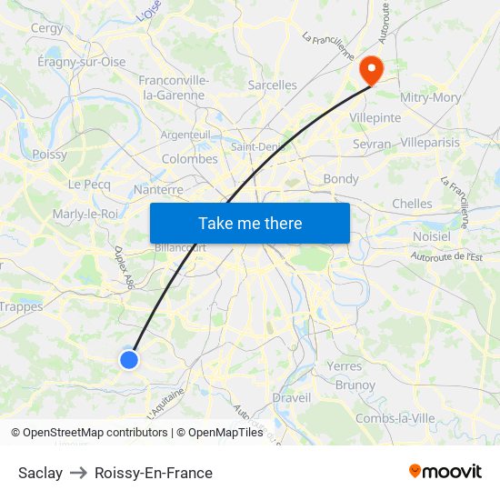 Saclay to Roissy-En-France map