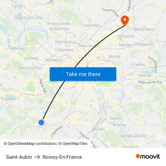 Saint-Aubin to Roissy-En-France map
