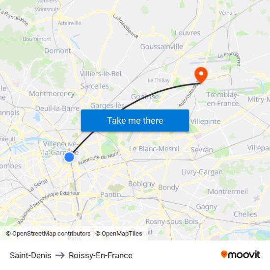 Saint-Denis to Roissy-En-France map