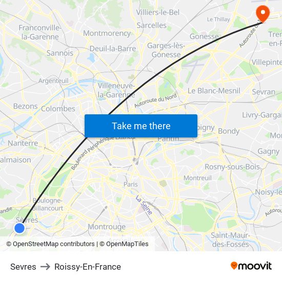 Sevres to Roissy-En-France map