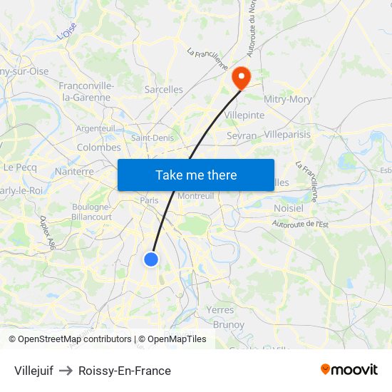 Villejuif to Roissy-En-France map